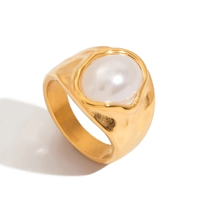Hammered Wide Band Ring Stainless Steel 18K Gold Plated Faux Artificial Pearl Waterproof Hypoallergenic Vintage For Women
