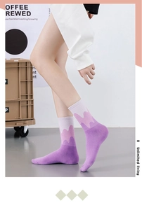 Side view of purple gradient wavy knit socks worn by a model in a modern studio