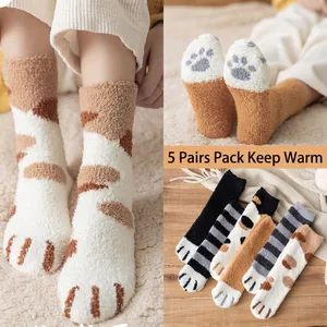 5-pack cat paw coral fleece socks for women, warm winter floor sleep socks for home wear