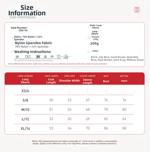 Size chart for yoga zip long sleeve top with nylon and spandex fabric details