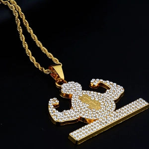 Hip hop fitness pendant necklace with crystal muscular man and dollar sign gold finish