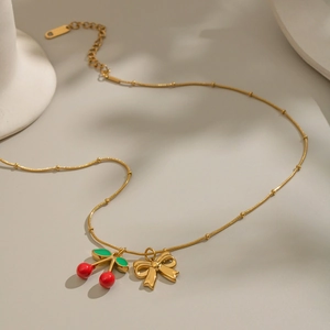 18K gold-plated snake chain necklace with red cherry and bow pendants for women