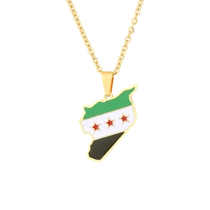 Gold stainless steel Syria map pendant necklace with green white black enamel flag stripes