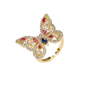 Adjustable gold butterfly ring with colorful red, blue, and white zircon inlay