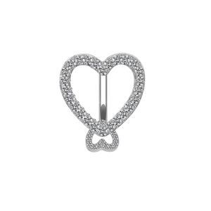 Elegant silver heart belly button ring featuring full sparkling crystals on white background
