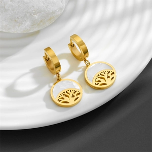 Gold titanium steel earrings with mother-of-pearl and tree of life hollow design