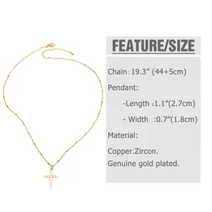 Detailed measurement showing cross pendant dimensions with 19.3-inch gold plated chain