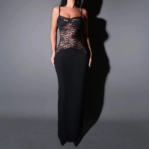 Elegant slim fit black lace strap dress with backless design for evening parties