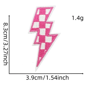 Macro detail of pink checkered lightning bolt embroidery patch with size dimensions