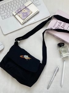 Black Women Crossbody Bag Canvas Planet Embroidery Flap Velcro Small Square Shoulder Bag Casual Daily Korean Ins Style