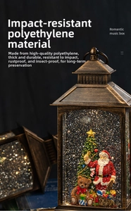 Detail of vintage bronze Christmas lantern music box with Santa and glitter inside