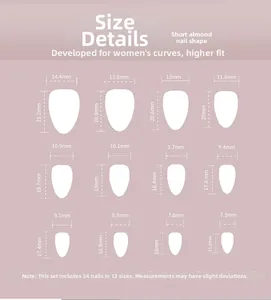 Detailed size chart for short almond press-on nails featuring 12 width and length options