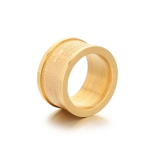 Gold stainless steel cross ring with engraved Lord's Prayer on a white background