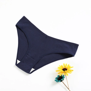 Women's dark blue ribbed cotton briefs with breathable low-waist design on white background