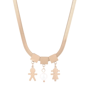 Rose gold flat snake chain necklace with boy, girl, and round pearl pendants