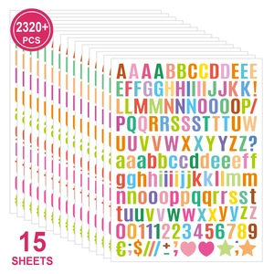 Detail view of 15 sheets of colorful alphabet stickers featuring 2320+ mini characters