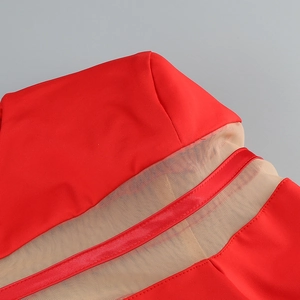 Detail of red bodycon dress featuring sheer mesh paneling and glossy satin ribbon trim