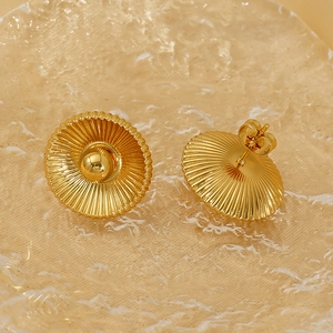 Elegant gold titanium steel shell textured stud earrings with central zircon for women
