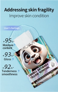 Detail view of panda facial mask packaging featuring bamboo elements and hydrating liquid splash