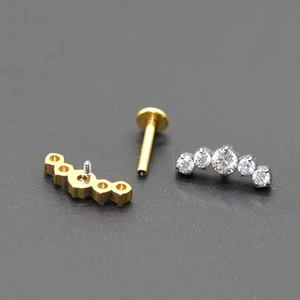 G23 titanium internally threaded labret stud with five curved clear zircon crystals