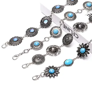 Vintage silver daisy chain belt with turquoise stones and floral metal links for dresses