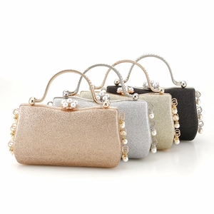 Evening clutch bags in gold, silver, champagne, and black with glitter and pearls