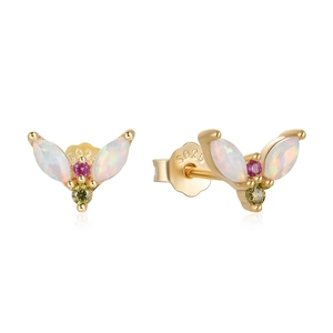 S925 sterling silver gold-plated V-shaped opal stud earrings with colorful gemstones