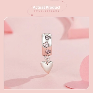 S925 sterling silver heart charm with pink zircons and high-polished dangling heart