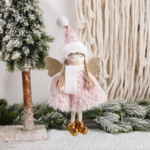 Pink plush Christmas angel tree pendant with golden sequins and white scarf ornament