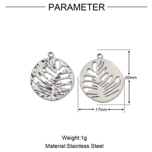 Polished stainless steel leaf pendant dimensions showing 20mm height and 1g weight