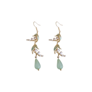 Elegant lily of the valley earrings with green leaf and drop jade pendant in gold finish