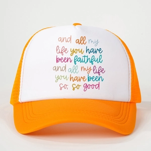 Orange and white mesh trucker hat with colorful text print and a curved brim