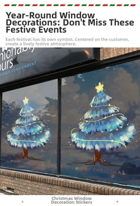 Detail showing blue Christmas tree window stickers with Merry Christmas text on glass