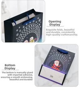 Detailed view of Christmas paper gift bag showing ribbon handles and sturdy bottom fold