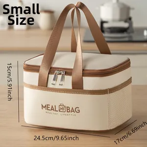 Detail view of small insulated meal bag with 24.5x17x15cm size markers and dual zippers