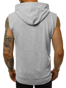Rückansicht einer hellgrauen Herren-Kapuzenweste für Fitness aus Strickmaterial