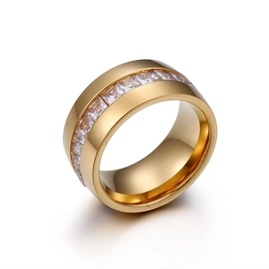 Golden stainless steel band ring featuring a full circle of channel-set square zircons