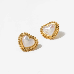 Elegant 316L stainless steel heart stud earrings with gold beaded edges and pearl finish