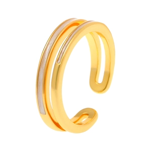 Minimalist double-layered gold open ring with white mother-of-pearl inlay stripes