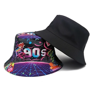 Reversible 90s retro pop bucket hat featuring colorful prints and solid black style
