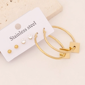Set of 3 pairs stainless steel gold earrings with star, heart, and cross pendants