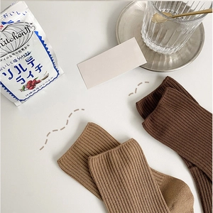 Japanese style ribbed cotton socks in brown and beige colors with minimalist lifestyle setup