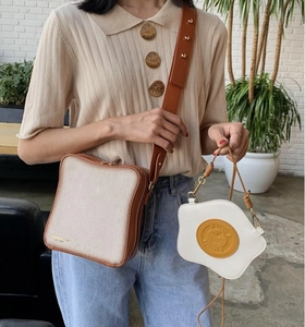 Creative toast bread and fried egg shaped shoulder bag set with plush texture
