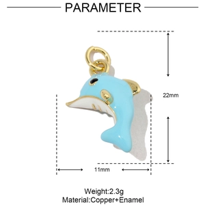 Detailed size chart of a light blue enamel dolphin pendant with brass dimensions