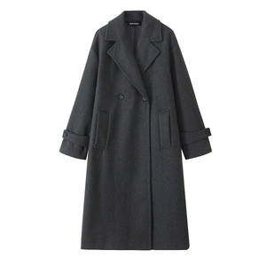 Manteau long en laine gris foncé pour femmes avec revers classiques et double boutonnage