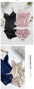 Detailed flat lay of silk satin camisole set in black, pink, navy and gold colors