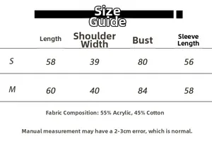 Size chart for V-neck knit sweater showing S and M dimensions in acrylic and cotton