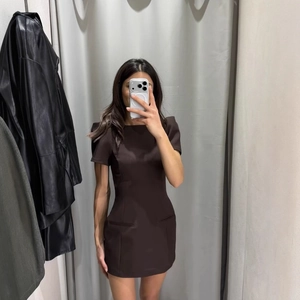 Women Slim Fit Mini Dress Polyester Puff Short Sleeve Crew Neck Back Zipper A-Line Chic Solid Color Sexy Daily Party