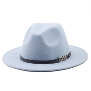 Detail of light blue felt jazz hat featuring black leather band and silver fishbone buckle