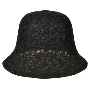 Women's black hollow knit bucket hat with breathable mesh and stylish round top design